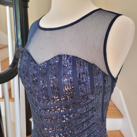 Deb Sequined and Sheer Party Cocktail Blue Mini Dress. Size L Youth - Picture 5 of 8